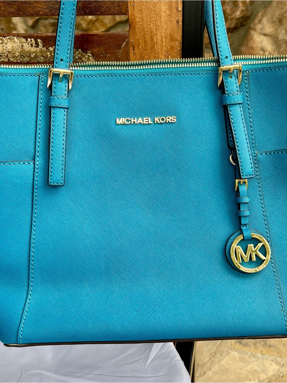 Michael Kors Turquoise Saffiano Leather Tote with Gold Hardware